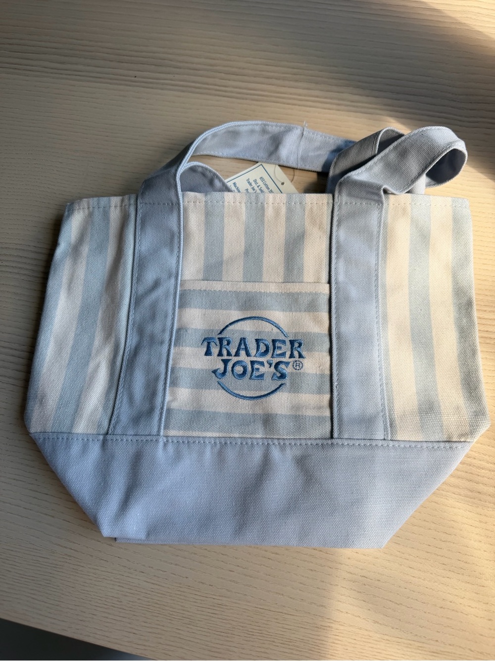 Trader Joe's Limited Edition Mini Canvas Tote Bag Light Blue Striped NWT